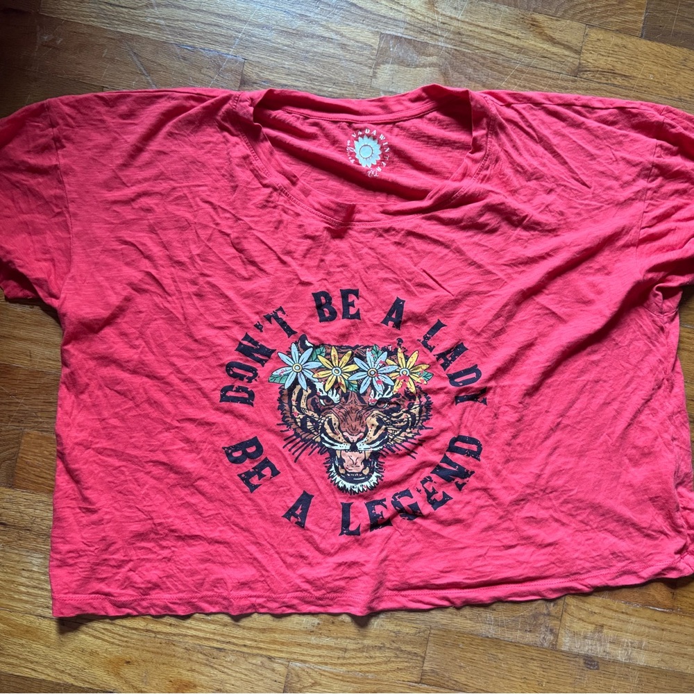 Red Graphic Tee with Tiger and Floral Design Crop Tee